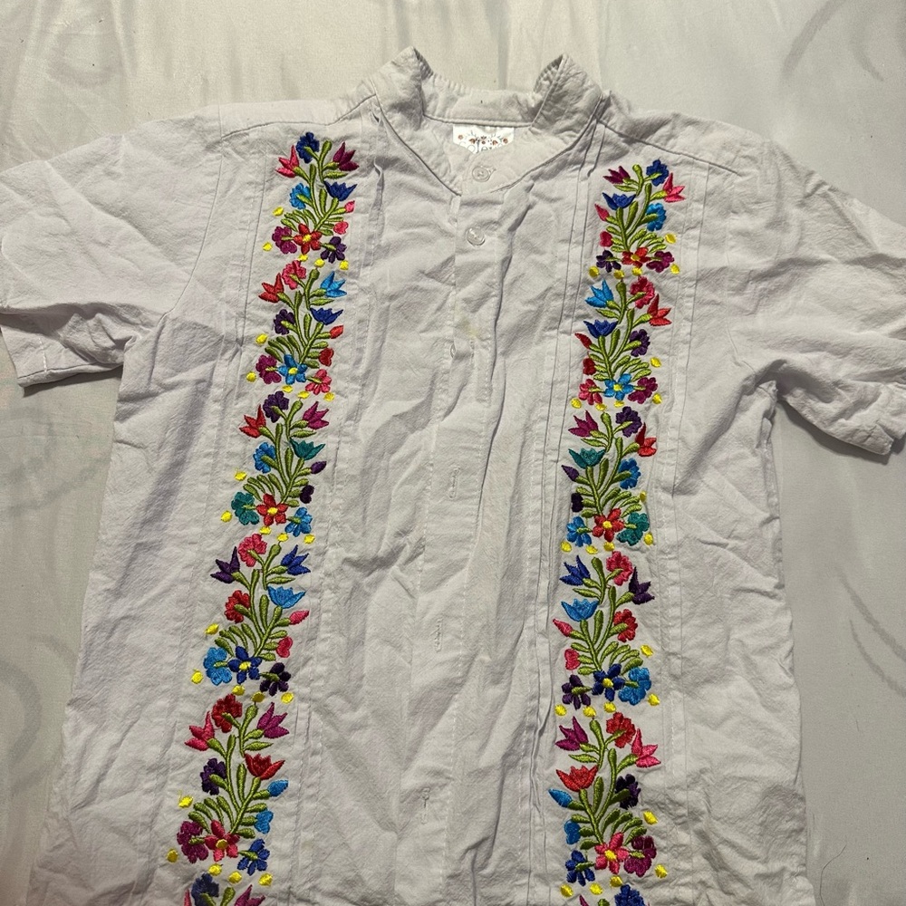 Embroidered White Shirt with Colorful Floral Design